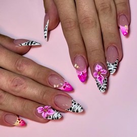French Tip Press on Nail Flowers Almond Fake Nails Zebra Print Nail Tips False Nails with Pink Flowers Glossy Medium Length Glue on Nails Spring Summer Stick on Nails for Women Nail Decoration