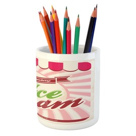 Ambesonne Ice Cream Pencil Pen Holder, Retro Style Strawberry Ice Cream Logo in Soft Tones Homemade Pop Art, Printed Ceramic Pencil Pen Holder for Desk Office Accessory, Hot Pink Maroon Cream