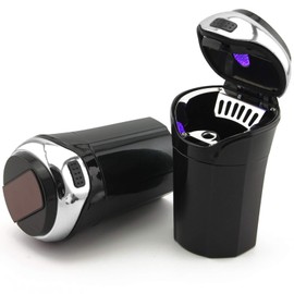 TAKAVU Car Ashtray (1-Pack), Easy Clean Up Detachable Stainless Car Ashtray with Lid Blue Led Light and Removable Lighter for Most Vehicle Cup Holder (Silver)