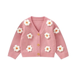 Qianderer Baby Toddler Girls Cardigan Floral Long Sleeve Pullover Coats Knitted Clothes Warm Autumn Winter Outfits, rose