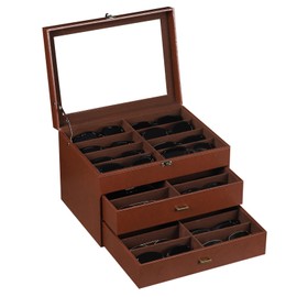 AUTOARK Leather & Velvet Clear Lid 24 Piece Eyeglasses Storage and Sunglass Glasses Display Drawer Lockable Case Organizer,Coffee,MKAW045