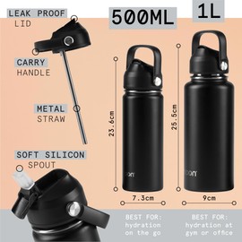 Moon Bottles - Insulated Water Bottle with Straw - Stainless Steel Sports Drink Bottle, Thermal Flask, 24hr Cold, 12hr Hot, Double Walled, Metal Straw, Silicon Spout, UK Company (1L, Black)