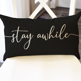 PANDICORN Modern Farmhouse Throw Pillow Covers 12x20 Inch with Words Stay Awhile Cozy Relax Black and White Outdoor Decorations Lumbar Decorative Throw Pillows Case for Home Couch Porch Patio Decor