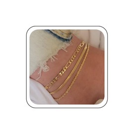 Wendalern Boho Gold Ankle Bracelets Layered Rope Chain Herringbone Anklets Vintage Flat Snake Chain Anklets Cute Figaro Link Anklets Set Summer Beach Foot Jewelry for Women and Girls