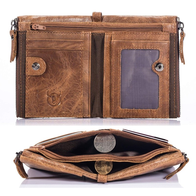 BULLCAPTAIN Genuine Leather Wallet for Men Vintage Bifold with Double