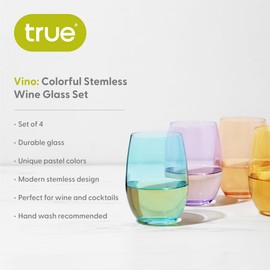 True Color Stemless Wine Glasses Gift Set, Vibrant Drinking Glasses for Wines, Cocktails, Beverages, Wedding Gifts, Housewarming Gifts, Modern Glassware, Home Bar, 18.5 oz, Set of 4, Multicolor