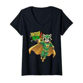 Womens 'Righteous Raccoon Superhero s Retro Comic Strip V-Neck T-Shirt