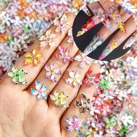 50Pcs Colorful Flower Nail Charms for Nail Art 3D Soft Relief Resin Floral Nail Rhinestones with Leopard Print Design Lily Flower Nail Gems Spring Hibiscus Nail Art Charms Cute Nail Jewels Decoration
