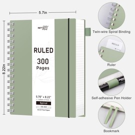 RETTACY Spiral College Ruled Notebook, 300 Pages, A5 Medium Size (5.7" × 8.2"), for School, Work, Writing, Journaling, 100 GSM Thick Paper, Flexible Plastic Cover (Light Green)