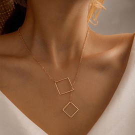 YienDoo Boho Square Y Necklace Choker Chain Gold Square Lariat Necklace Minimalist Hollow Square Pendant Necklace Statement Square Connected Toggle Clasp Necklace Jewelry for Women Girls