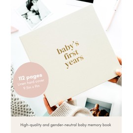 Lamare Baby First Year Book (White Linen Baby Memory Book, 112 Pages) - Baby's First Year Book Photo Album from Pregnancy to Childhood Memory Book - Baby Journal for Baby Book Keepsake Gift