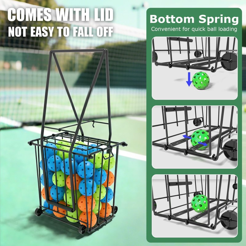 wasoyun Tennis Ball Hopper, Portable Pickleball Holder with Wheels &