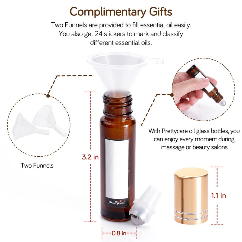 PrettyCare 12 Pack, 10 ml Essential Oil Roller Bottles with