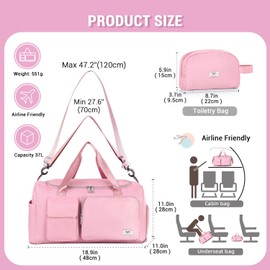 FIORETTO Womens Mens Sports Gym Bag Duffle Bag with Shoes Compartment, Weekend Travel Bag Overnight Bag for Women, Foldable Water Resistant Holdall Hospital Bag for Swimming with Toiletry Bag Pink