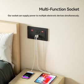 BSEED Double Plug Socket with USB C and USB A,Glass Switched Socket,UK Standard Electric Power Sockets,13A Wall Socket,Save Space,2 Gang,146mm Black