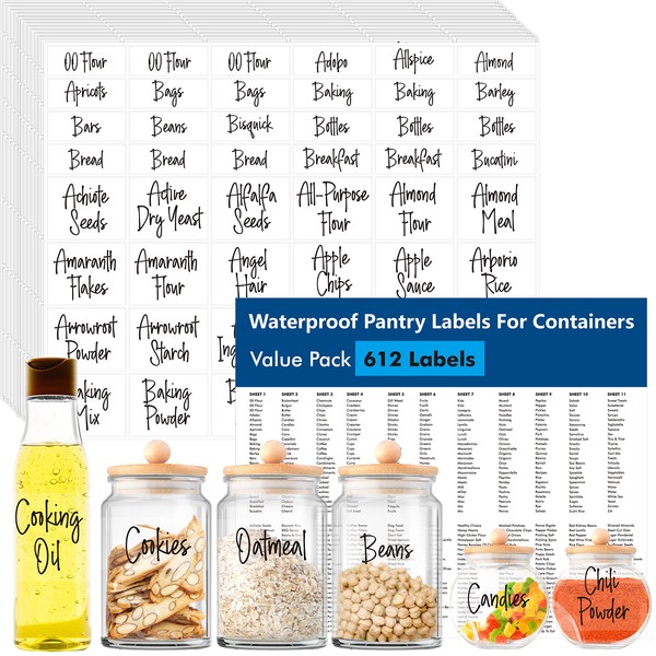 612 Cursive Pantry Food Labels, Herb Spice Seasoning Oil Stickers, Plus 51 Blank Ones, Waterproof, Oil & Tear Resistant, No Residue, Expand Version for Kitchen Containers Jars