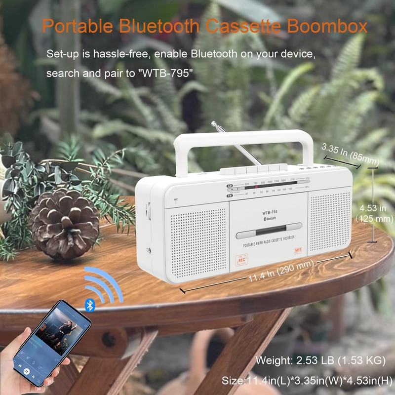 Cassette Player Boombox, Portable AM/FM Radio Stereo with Bluetooth, USB,