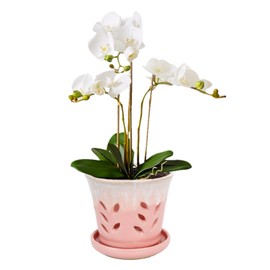 vensovo 6 Inch Ceramic Orchid Pot - Orchid Pot with Holes for Repotting, Ceramic Planter with Saucer for Indoor/Outdoor Plants, Pink