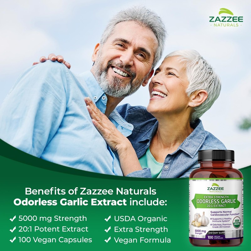 Zazzee USDA Organic Odorless Garlic 20:1 Extract, 5000 mg Strength,