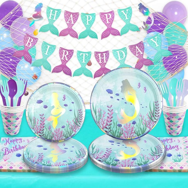 Mermaid Birthday Party Decorations & Supplies Complete Set Kit | Iridescent Banner Plates Cups Cutlery Napkins Balloons Net Turquoise Tablecloth | Serves 16