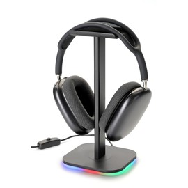 TanoTech, headphone stand, headset stand, 2 in 1, RGB multicolor, headphone holder for desk, tabletop, desk and gamer accessories, desk accessories, over-ear headphones, aluminium metal holder (Black)