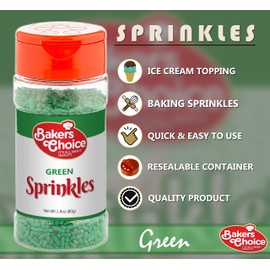 Bakers Choice Green Sprinkles for Baking - Jimmies Sprinkles for Ice Cream Toppings - Dairy Free, Kosher 2.8 oz.