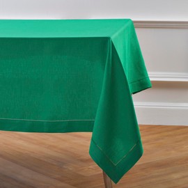 Solino Home Emerald Green Linen Tablecloth 90" L x 60" W Inch – 100% Pure Linen Classic Hemstitch Tablecloth – Machine Washable Dining Christmas Tablecloth