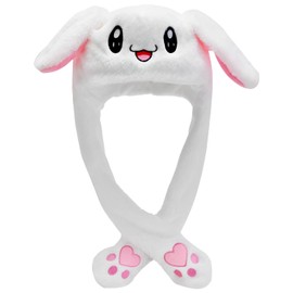 Bojueshaw Bunny Ears Hat Plush,Animals Ear Moving Jumping Hats,Cute Animal Flap Cap Stitch Hat,Rabbit Animal Cap for Girls Dress up Cosplay Costume Christmas Birthday Party Gifts White