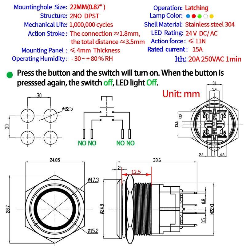 UL Listed 22mm Push Button Switch 15A 24V Latching 2NO