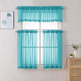 Chyhomenyc Turquoise Sheer Curtains 30 inch Length 2 Panels, Light Filtering Voile Rod Pocket Short Window Curtians for Bathroom Living Room Farmhouse Small Windows, 42Wx30L inches