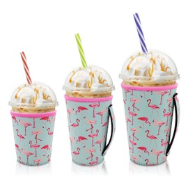 AJLTPA Iced Coffee Sleeve Insulator Sleeves for Cold Drinks Beverages, 3 Pack Reusable Neoprene Cup Sleeve with Handle for 16-32oz Coffee cups(Flamingo)