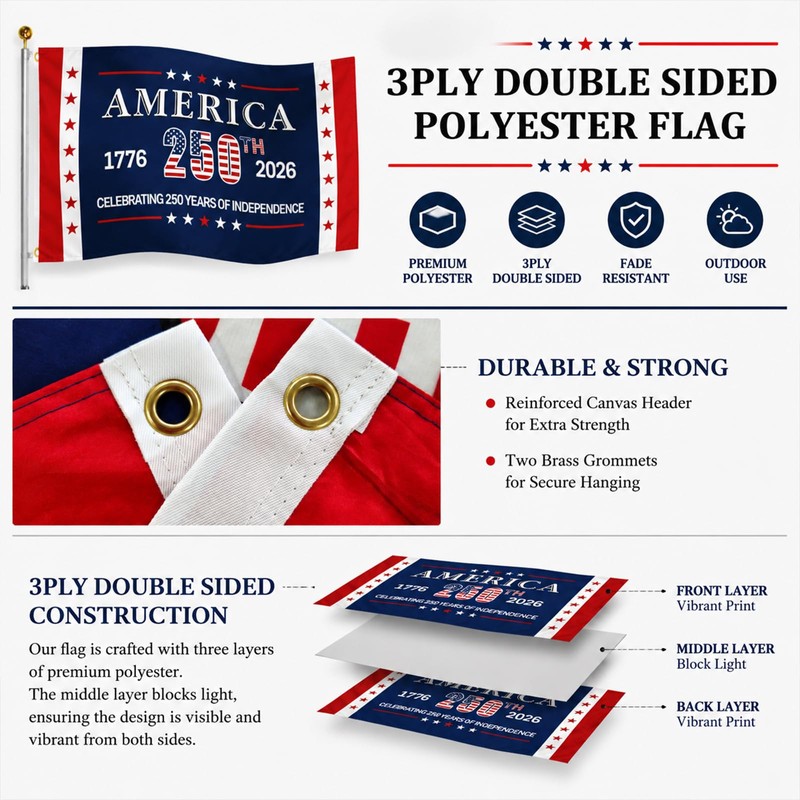 Double Sided USA 250th Anniversary Flag 4x6 FT Heavy Duty