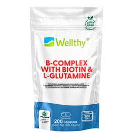 Wellthy Complejo B 200 Cápsulas. Reforzado con Biotina y Glutamina. Casi 7 Meses de Consumo, VCaps Cápsulas veganas, Bottle Free.