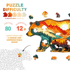 Wooden Puzzles for Adults - Forest Bears Wooden Jigsaw Puzzle - Unique Animal Shaped Wood Puzzles Adult - Christmas Birthday Gifts for Adults/Friends/Family - 80pcs 9.7 * 5.2in