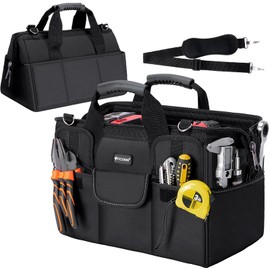 TICONN Heavy Duty Tool Bag with Multi-Pockets, Portable Tool Box Organizer Storage Bag, with Adjustable Shoulder Strap and Ergonomic Handle (Black, 16" Standard Base)
