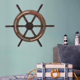 Wood Ship Wheel Nautical Wall Decor Rustic Vintage Boat Steering Wheel Hanging Ornament Wall Art Decorative Wheel Helm Sculpture for Home Beach Theme Decor