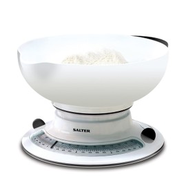 Salter 800 WHBKDR Aquaweigh Mechanical Scale, Measures Liquids and Fluids, Add & Weigh, Rotating Twin Dial, Pouring Spout, 2.6 L Bowl Clips Over Scale, Max 4 kg, Baking/Cooking, White