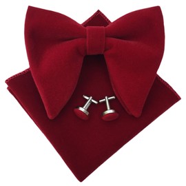 Justar Mens Pre-Tied Oversized Bow Tie Tuxedo Velvet Bowtie Cufflinks Hankie Combo Sets (Wine Red)