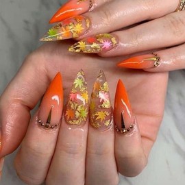 24Pcs Thanksgiving Press on Nails Long Almond Maple Leaf Fake Nails With Rhinestones Orange Gradient Glue on Nails Reusable Acrylic Nails for Women Autumn Nails Art Decoration Supplies