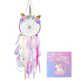 LED Lighted Up Unicorn Dream Catcher Wall Decor Colorful Feather Dreamcather Wall Hanging for Girls Kids Bedroom Decoration (Purple with Light)
