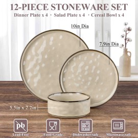 Herogo Dinnerware Dishes Sets for 4, 12 Pieces Ceramic Plates and Bowls Sets, Kitchen Dining Dishes, Dishwasher & Microwave Safe, Cream Khaki