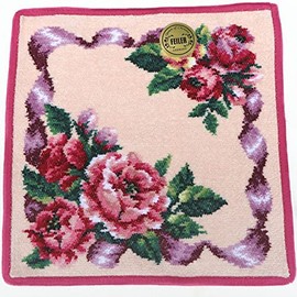 Faylor Rose Adagio (Pattern Name) Handkerchief, 9.8 x 9.8 inches (25 x 25 cm), Pale Apricot/Red, Chenille Weave, pink/red