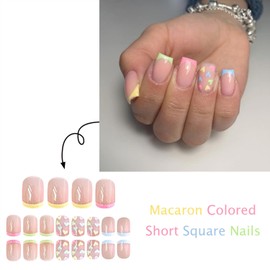 Colorful French Tip Press on Nail Love Heart False Nail Short Coffin Nails Mirror Acrylic Full Cover Fake Nails for Women Girls