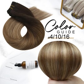 Moresoo Weft in Hair Extensions Real Human Hair Ombre Weft Hair Extensions Human Hair Dark Brown to Golden Brown with Dark Blonde Weft Sew in Hair Extensions Double Weft 18inch 100G/Pack #4/10/16