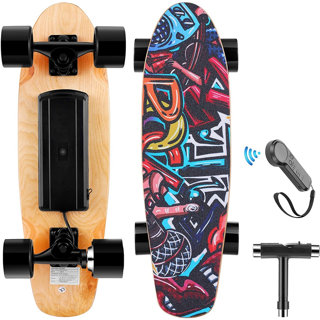 WOOKRAYS Electric Skateboard with Wireless Remote Control, 350W, Max 20KM/H 7 Layers Maple E-Skateboard, 3 Speed Adjustment for Adult, Teens, and Kids (Black)