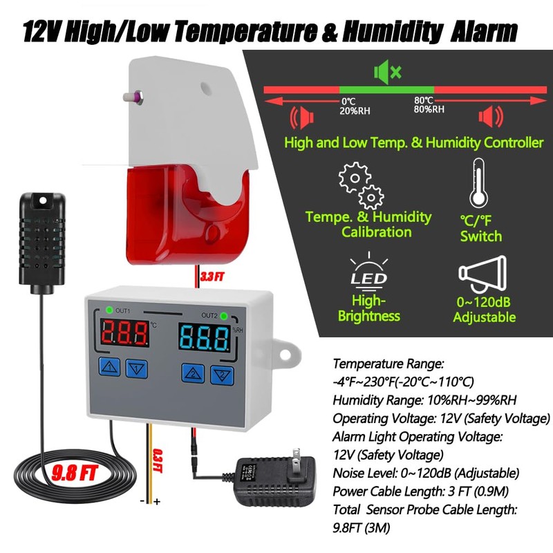 Thermometer Hygrometer, 12V High/Low Temperature Humidity Monitor, 0~120dB Adjustable Audible/Visual