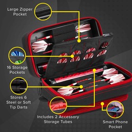Viper by GLD Products Casemaster Plazma Pro Dart Case with Ruby Zipper for Soft and Steel Tip Darts, Holds 6 Darts and Features Large Front Pocket for Mobile Device