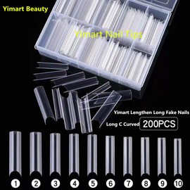 Yimart Long C Curved False Nail Tips - C Curved Nail Tips - Long C Curve False Nails - 200pcs/box XL C Curve Fake Nails Premium Square French Acrylic Nail Tips (Clear With Box)