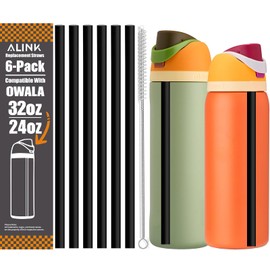 ALINK Replacement Straws for Owala FreeSip 32 oz 24 oz Insulated Water Bottle, 6 Pack Reusable Black Plastic Straws for 32oz 24oz Owala Freesip Cup Lid Only, Plus Straw Brush, Dishwasher Safe
