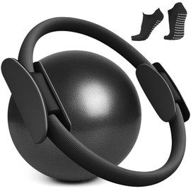 KIDS CHOICE Pilates Kit Casa Incluye Aro Pilates 25Pulgada,Pelota Pilates Pequeña y 1 Paar Calcetines de Yoga,Anillo y Pelota Chica 25cm de Yoga,para Tonificar Los Músculos de Brazos y Muslos(Negro